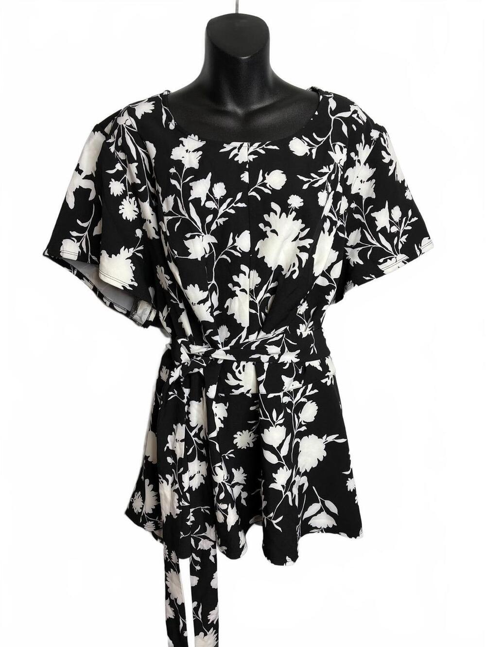 Lane Bryant Illusion Collection Black & White Floral Print Belted Blouse Size 28
